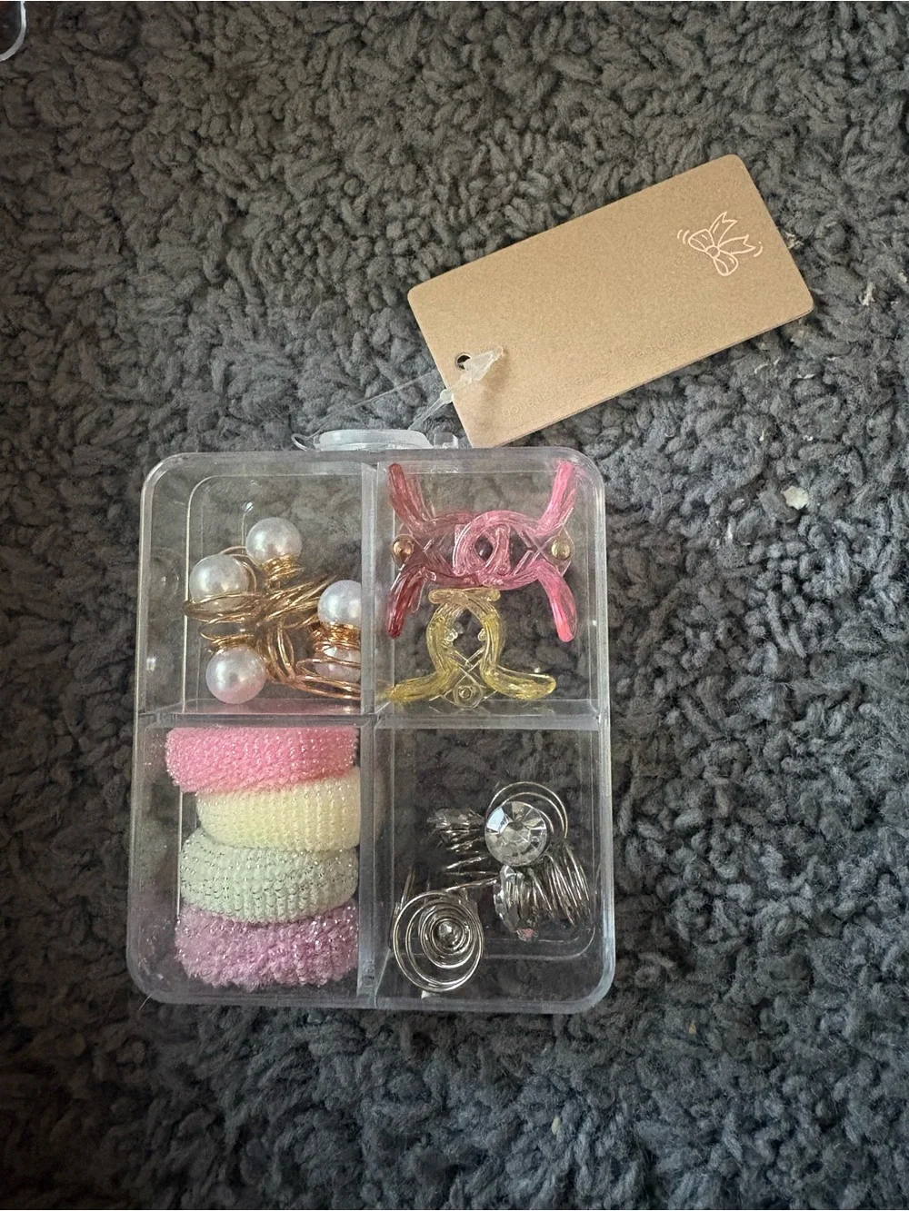 NWT Imitated Pearl box of screw in pearls, & gems, hair ties, & claw clips